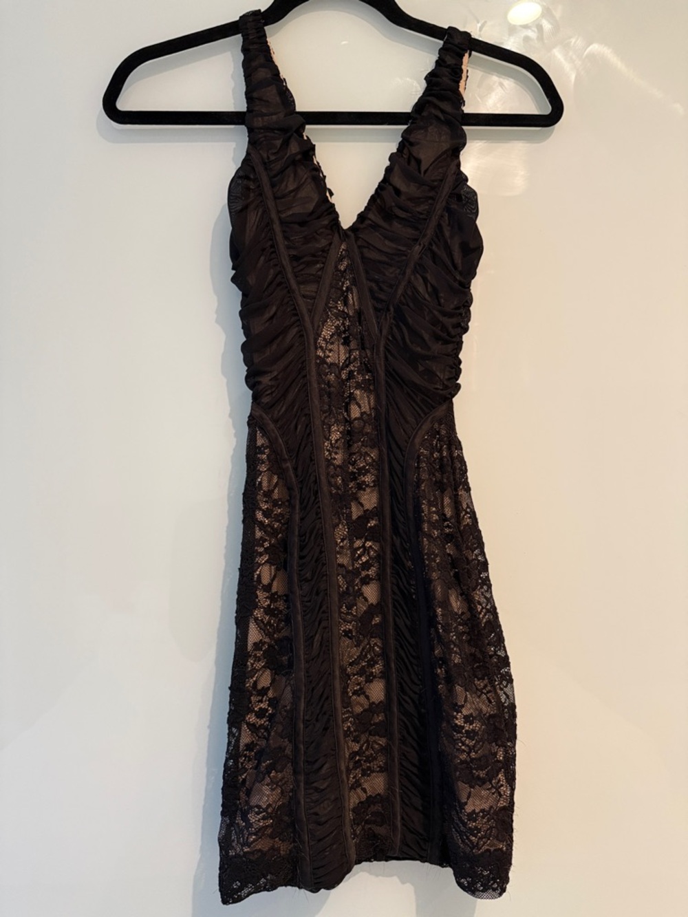 Black Bebe Lace V-Neck Ruched Cocktail Dress